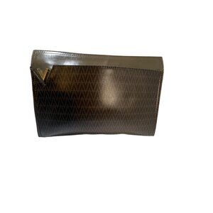 Authentic Valentino Monogram Clutch Bag Brown & Gold Faux Leather Zip Closure 11